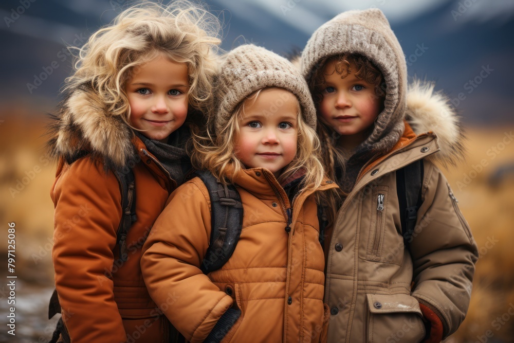 Three children in knitted hats and warm jackets stand against the backdrop of the mountains, showing sincere affection. Three children in knitted hats and warm jackets stand against the backdrop of the mountains, showing sincere affection.