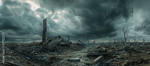 Post-apocalyptic landscape with stormy skies over ruins