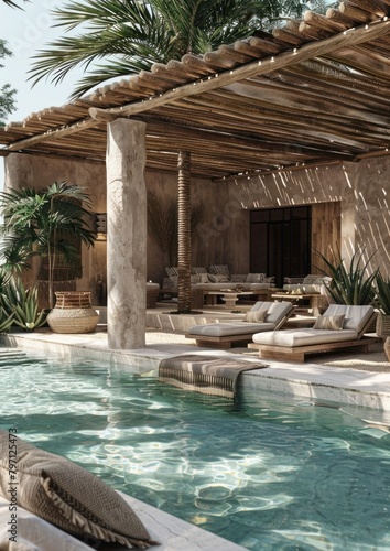Minimalistic luxurious poolside architecture plant furniture. © Rawpixel.com