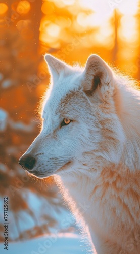 Majestic white wolf in golden sunset light