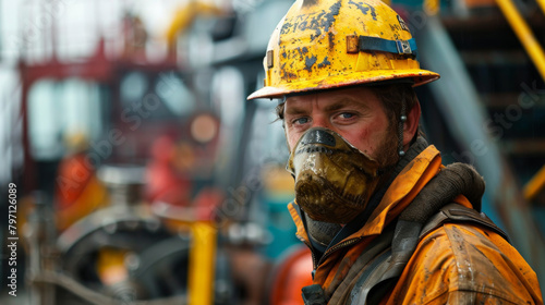 Close-up of a male oil worker with a grime-covered face mask and yellow helmet, signifying hard work and industry.