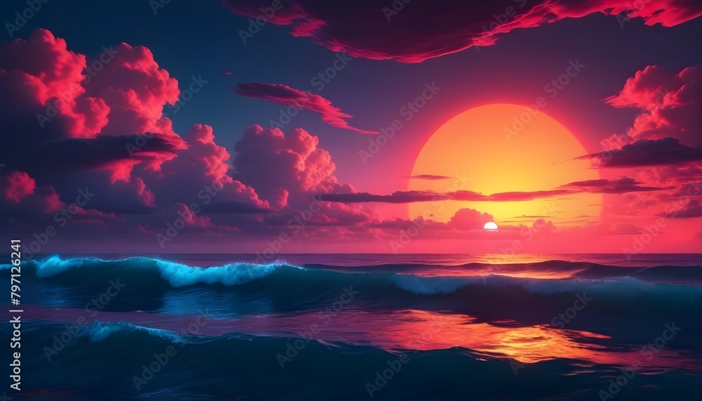 Beautiful Ocean Waves Sunset Illustration Digital Painting Background Graphic Summer Design
