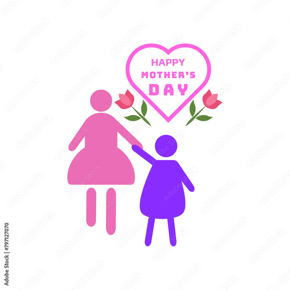 Happy Mother's day vector greeting card banner or poster template design with a mom holding kid hand silhouette icon with heart text and flowers. Mom day illustration for celebration holiday Happy Mother's day vector greeting card banner or poster template design with a mom holding kid hand silhouette icon with heart text and flowers. Mom day illustration for celebration holiday