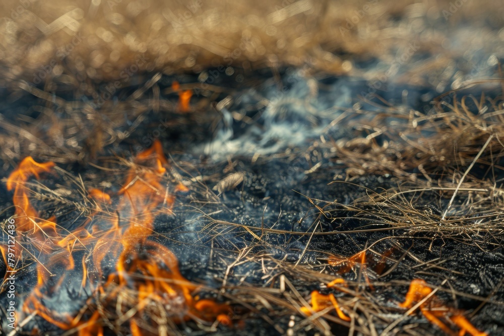 A field of dry grass is on fire, with smoke rising from the flames A field of dry grass is on fire, with smoke rising from the flames