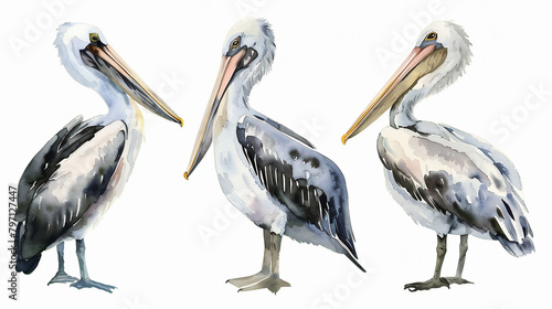 watercolour painting of pelican set collection isolated on white background