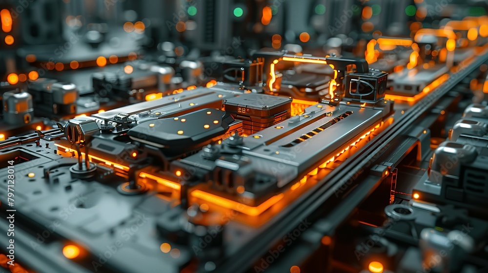 Mass production assembly line of electric vehicle battery cells close-up view Mass production assembly line of electric vehicle battery cells close-up view