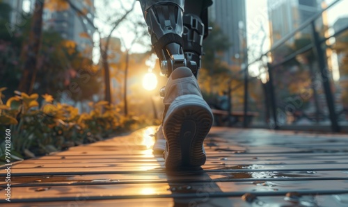 A person with a prosthetic leg is walking on a wooden bridge. Disabled athlete concept