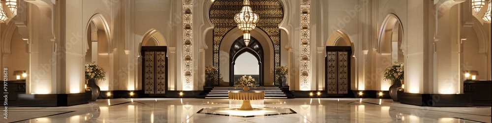Luxurious Art Deco style interior featuring ornate chandeliers, decorative arches, elegant gold accents, and a sophisticated symmetrical design with a central table. Luxurious Art Deco style interior featuring ornate chandeliers, decorative arches, elegant gold accents, and a sophisticated symmetrical design with a central table.