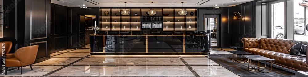 Luxurious Art Deco-style interior featuring a sleek black bar, polished marble floors, and elegant leather seating.