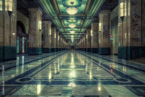 Elegant, spacious hall detailed with polished marble floors, ornate columns, and classic chandeliers reflecting an opulent Art Deco and Neoclassical style. photo
