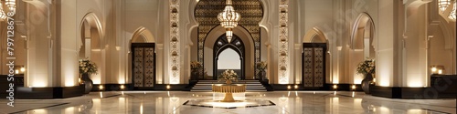 Luxurious Art Deco style interior featuring ornate chandeliers, decorative arches, elegant gold accents, and a sophisticated symmetrical design with a central table.