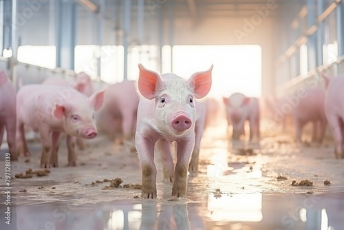 Ethical pig farming, showcasing pigs in large, sanitary pens, minimalist design, space for text