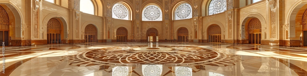 Expansive modern art style interior, featuring ornate windows ...