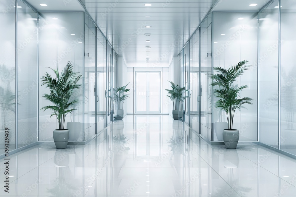 Sleek, modern interior of a building with reflective floors, glass walls, and planted greenery. Sleek, modern interior of a building with reflective floors, glass walls, and planted greenery.