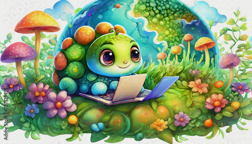 oil painting style  CARTOON CHARACTER CUTE baby green caterpillar game of lap top  photo