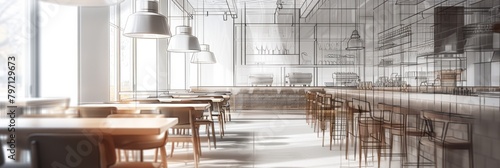 Blurred figures in the restaurant long exposure. An interior design drawing of the restaurant
