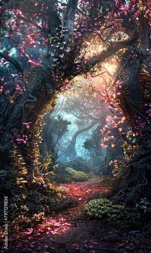 An enchanting cartoon background set in a lush and vibrant forest, with towering trees adorned with bright foliage, whimsical creatures peeking out from behind bushes, and a sense of magical wonder © Pic Hub
