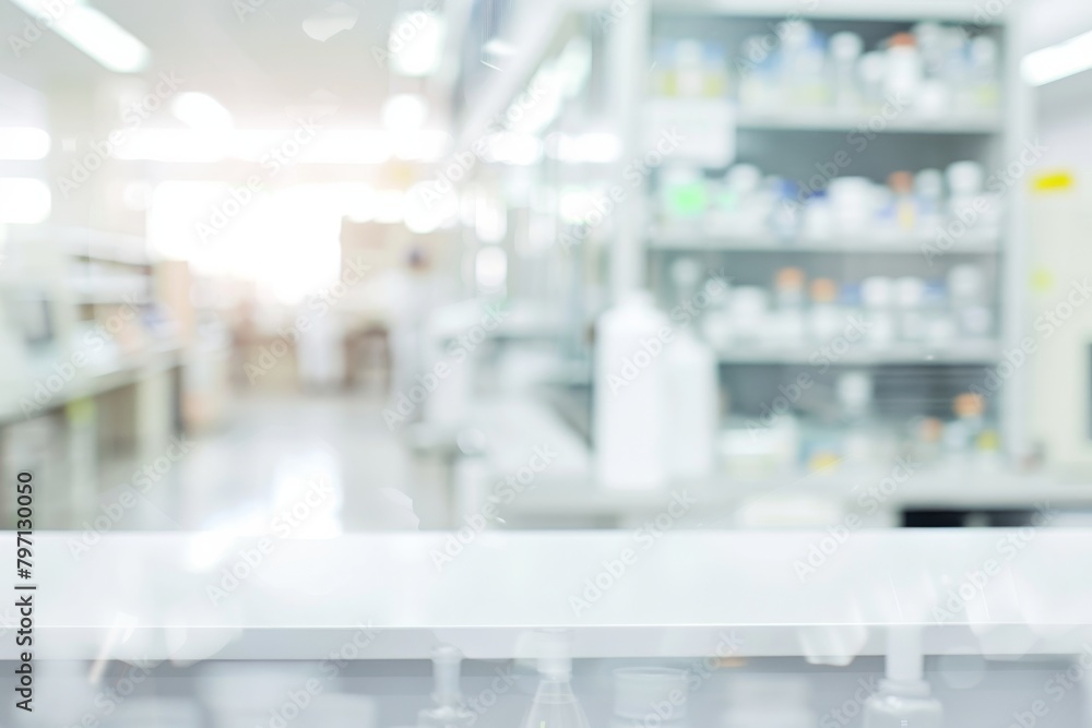 Blurred background of a modern pharmacy interior with visible shelves of medications and healthcare products. Blurred background of a modern pharmacy interior with visible shelves of medications and healthcare products.