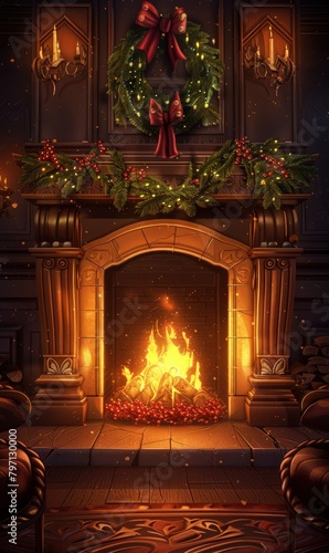 An inspiring background illustration showcasing a cozy fireplace scene, with crackling flames, plush armchairs, and couples cuddling close together photo
