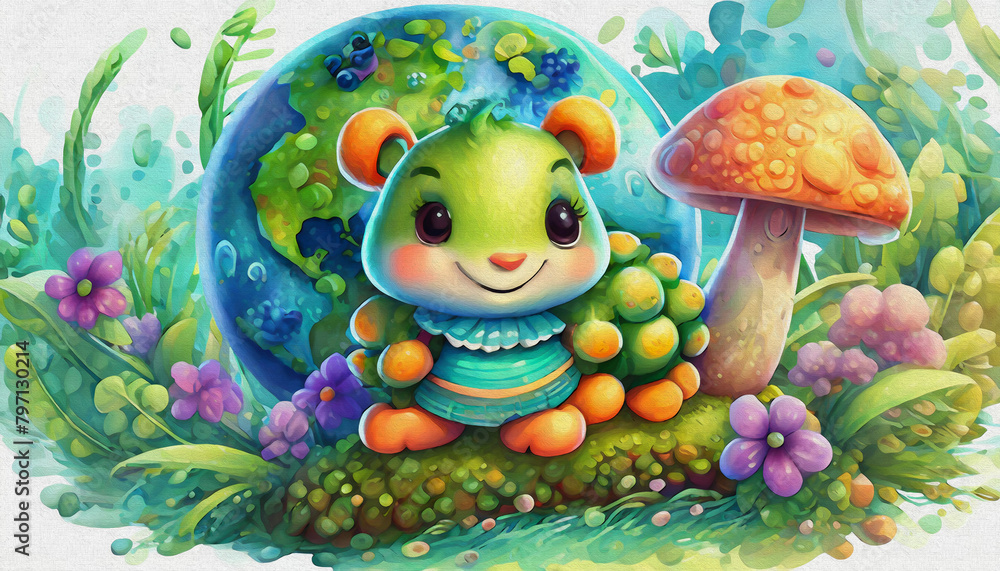 oil painting style CARTOON CHARACTER CUTE baby green caterpillar, cartoon, illustration, animal, colorful, joy, color, mushroms, oil painting style CARTOON CHARACTER CUTE baby green caterpillar, cartoon, illustration, animal, colorful, joy, color, mushroms,