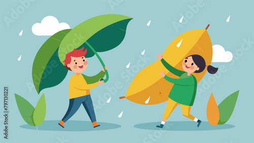 Two friends using large leaves as makeshift umbrellas and giggling as they spin around in the rain.