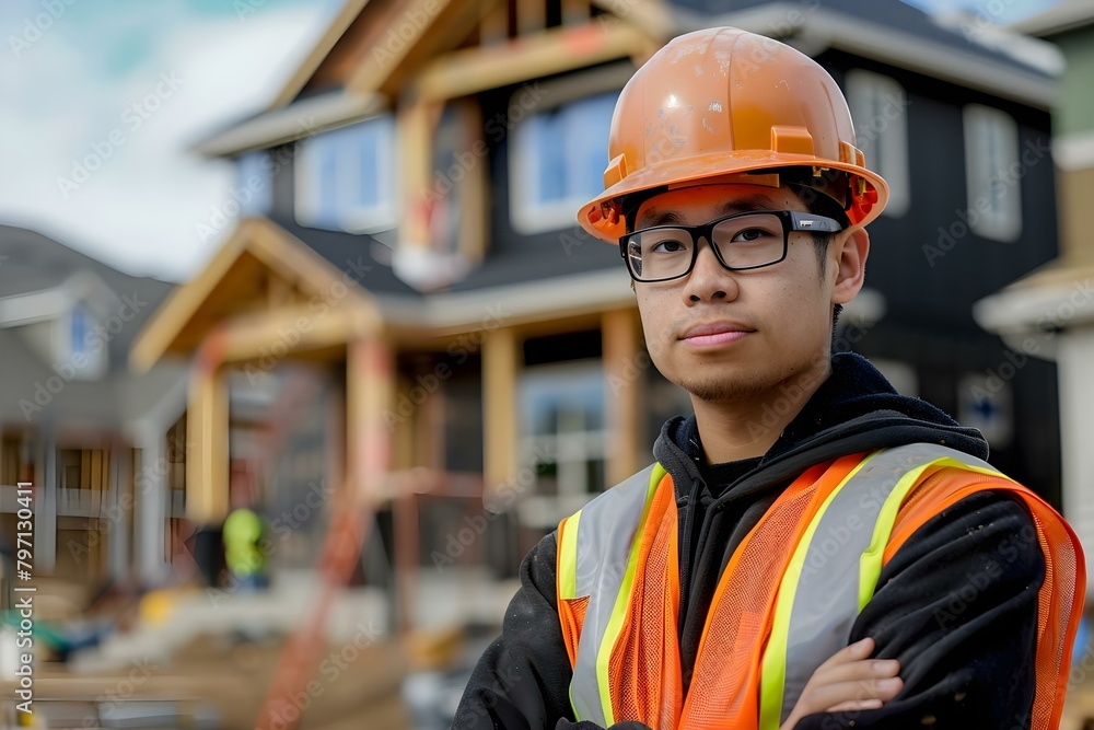 Biracial construction worker or architect standing with folded arms at job site. Concept Construction Industry, Architecture, Professional Portraits, Multiracial Representation, Job Site Environment Biracial construction worker or architect standing with folded arms at job site. Concept Construction Industry, Architecture, Professional Portraits, Multiracial Representation, Job Site Environment