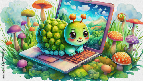 oil painting style  CARTOON CHARACTER CUTE baby green caterpillar game of lap top  photo