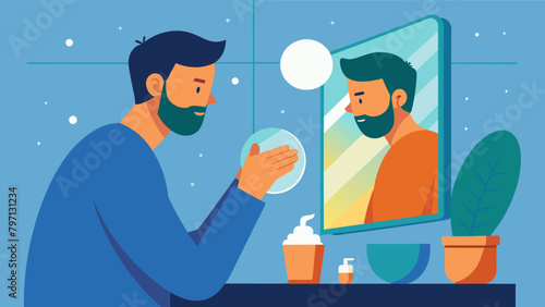 Lit by the early morning light a man looks in the mirror massaging a rich moisturizer onto his skin protecting it from the dry winter air..