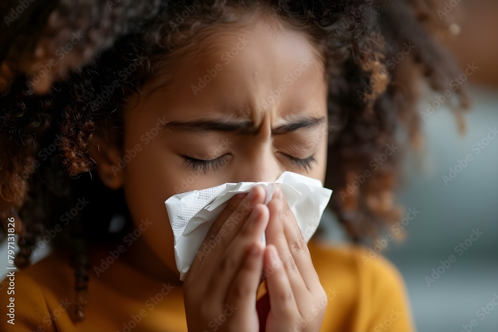 Girl with Eyes Closed in Discomfort Holding Tissue to Nose. Concept Emotion, Discomfort, Sadness, Allergy, Tissue Girl with Eyes Closed in Discomfort Holding Tissue to Nose. Concept Emotion, Discomfort, Sadness, Allergy, Tissue