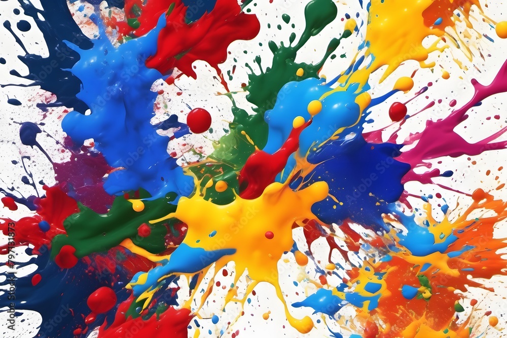 Colorful splashes and spatters of paint create a vibrant and dynamic ...