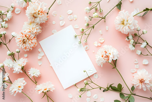 Stylish elegant flat lay pastel colors floristic greeting invitation post card, copy space mockup.