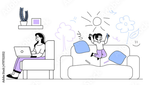 Busy mother at home vector linear