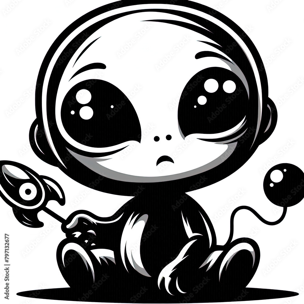 Eine minimalistische schwarz weiße Vektorgrafik eines kleinen Aliens