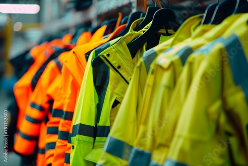 Yellow high visibility safety jackets for sale fluorescent colors protective equipment. Concept Safety Gear, High Visibility Jackets, Protective Equipment, Fluorescent Colors, Workwear photo
