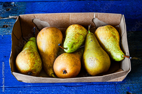 Original natural pears packed in a cardboard box.
