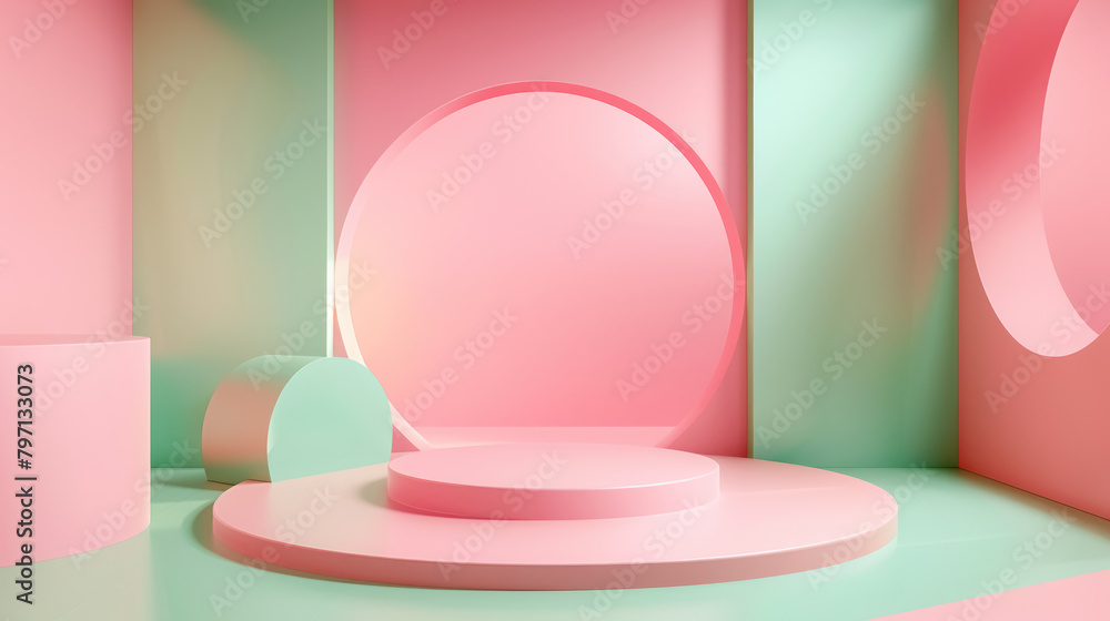 modern abstract product display with pink and green pastel colors and circular shapes modern abstract product display with pink and green pastel colors and circular shapes