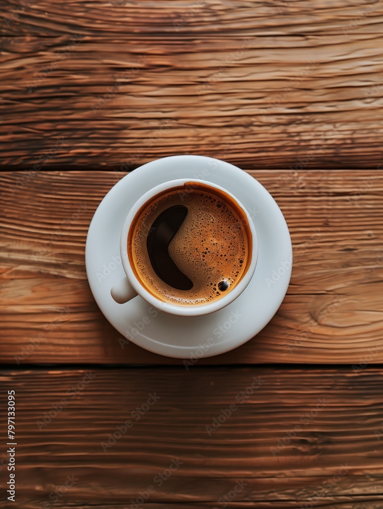 A white coffee cup with coffee in it sits on a wooden table A white coffee cup with coffee in it sits on a wooden table