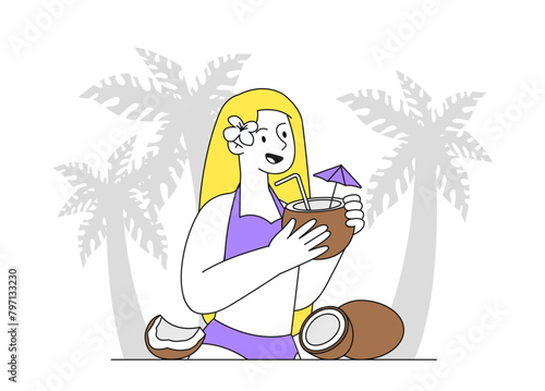 Woman with coconut cocktail vector simple