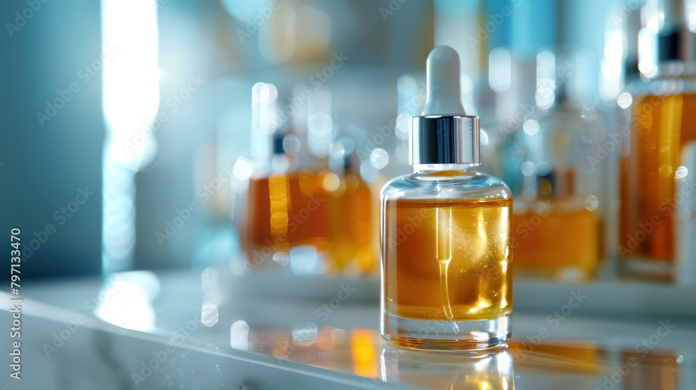 luxury collagen serum bottle close-up with golden droplets against a blurred cosmetic background luxury collagen serum bottle close-up with golden droplets against a blurred cosmetic background