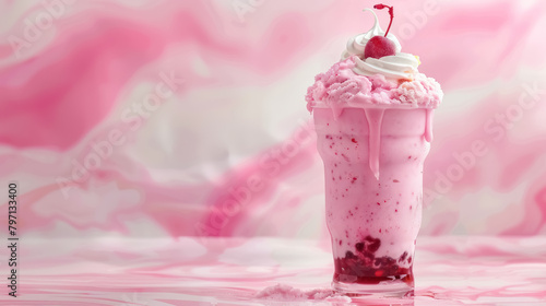 sumptuous pink cherry creme float with whipped cream topping and maraschino cherry on a swirling pink background, with a copy space for text photo