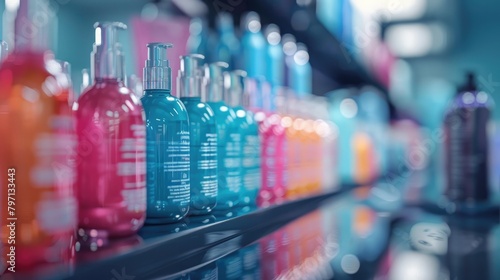 Vibrant D Rendering of a Colorful Shampoo Bottle on a Modern Shelf