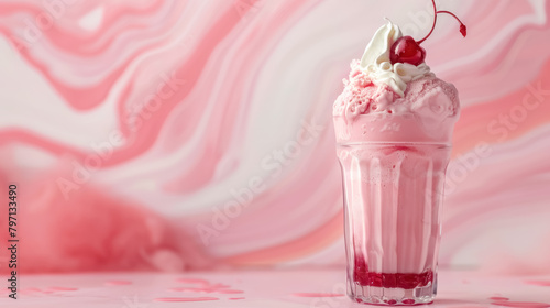 decadent cherry crème float dessert in glass with pink swirl background for gourmet sweet beverages, with a copy space for text