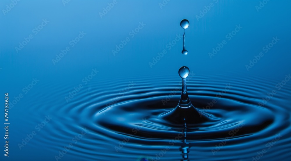 Perfect water droplet creating ripples on serene blue surface