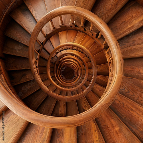 A top view of a wooden spiral staircase. Wooden texture. Architecture details.
