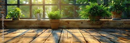 wooden table topped with potted plants next to a window covered in sunlight streaming through the window panes