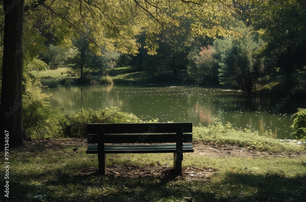 Serene Park Bench Overlooking a Tranquil Pond