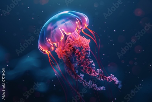 Luminous Jellyfish Gliding Through Deep Blue Ocean Waters © Balaraw