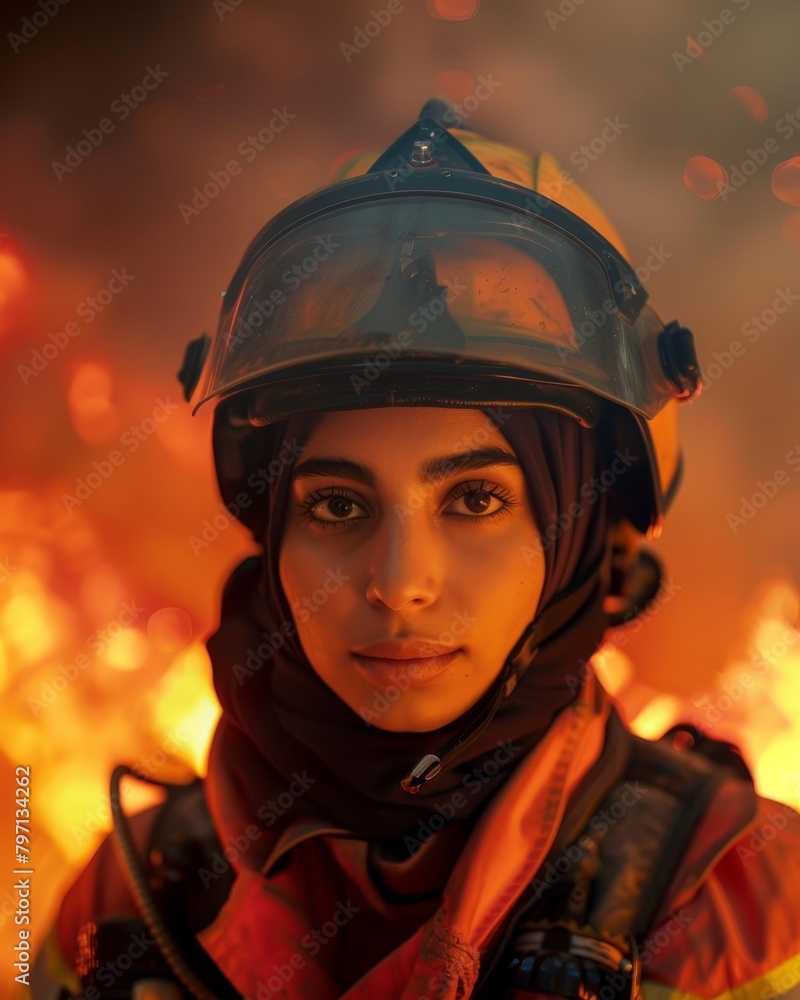Portrait of a female firefighter with a determined expression in front of a blazing fire Portrait of a female firefighter with a determined expression in front of a blazing fire