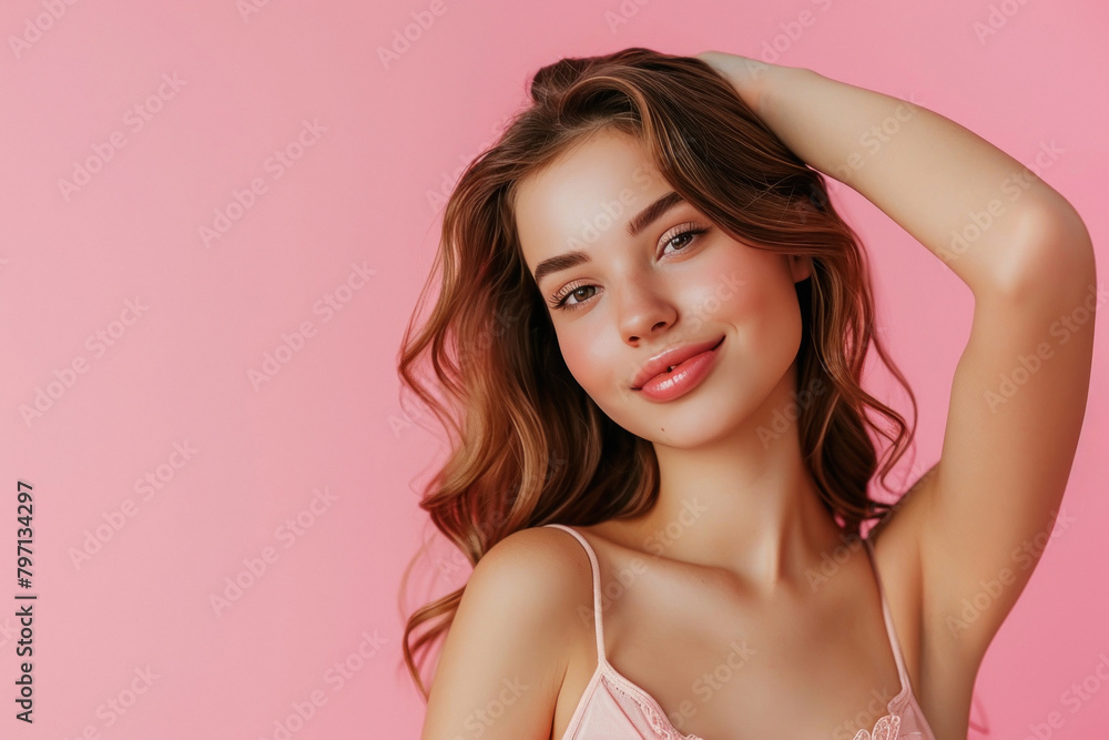 beautiful adorable woman posing on pink background beautiful adorable woman posing on pink background
