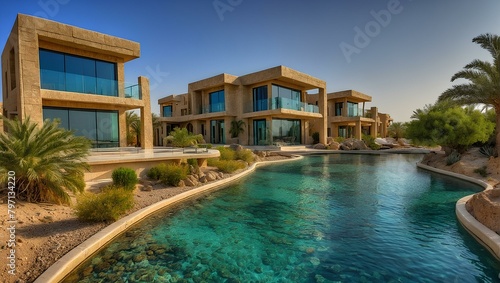 A luxurious house built of sandstone, located in the middle of a barren desert. The house is distinguished by its unique design that blends Arab and traditional architectural styles, with modern touch